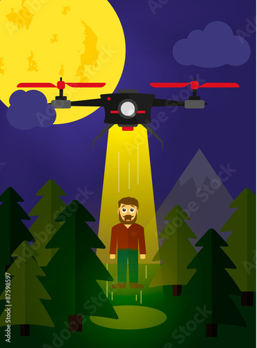 Flying drone kidnapping a human being in the forrest flat style