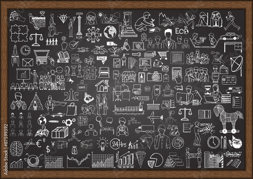Big set of business situation doodles on chalkboard.