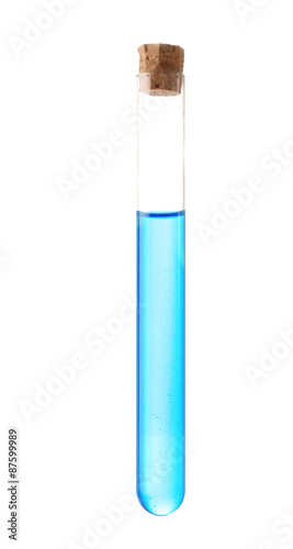 Empty laboratory test tube with cork  and blue liquid isolated on white