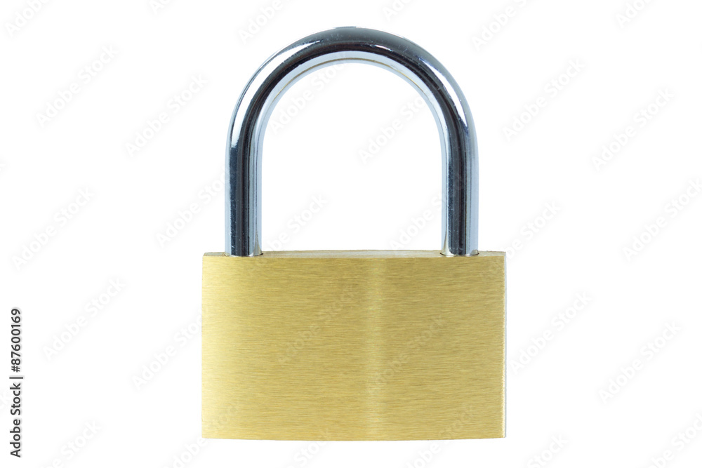 Close-up of a locked padlock, viewed from front, isolated on white background Close-up of a locked padlock, viewed from front, isolated on white background
