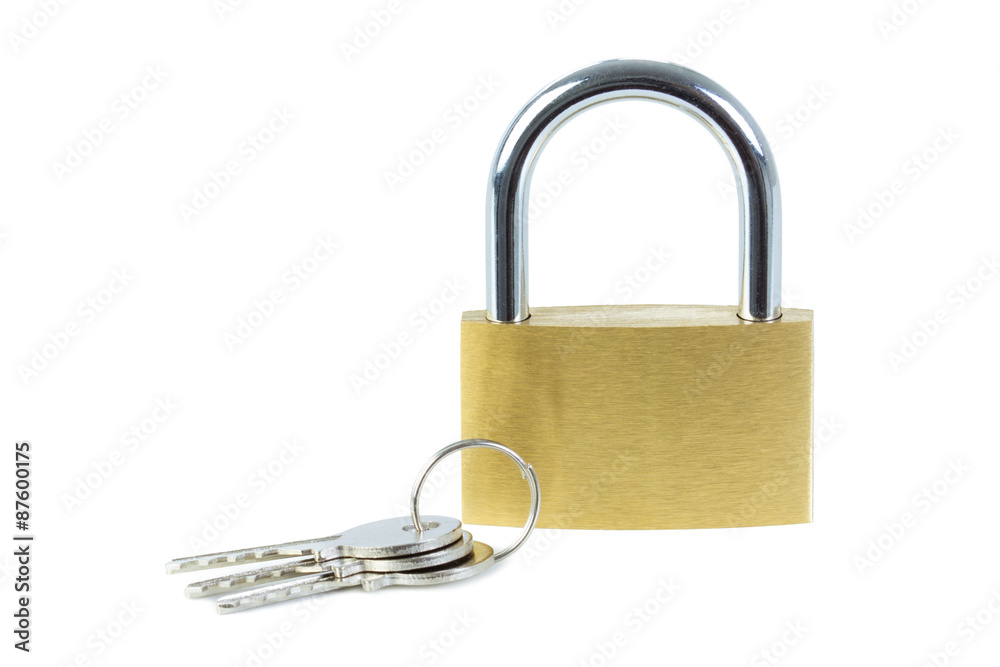 Close-up of a locked padlock and keys, viewed from front, isolated on white background Close-up of a locked padlock and keys, viewed from front, isolated on white background