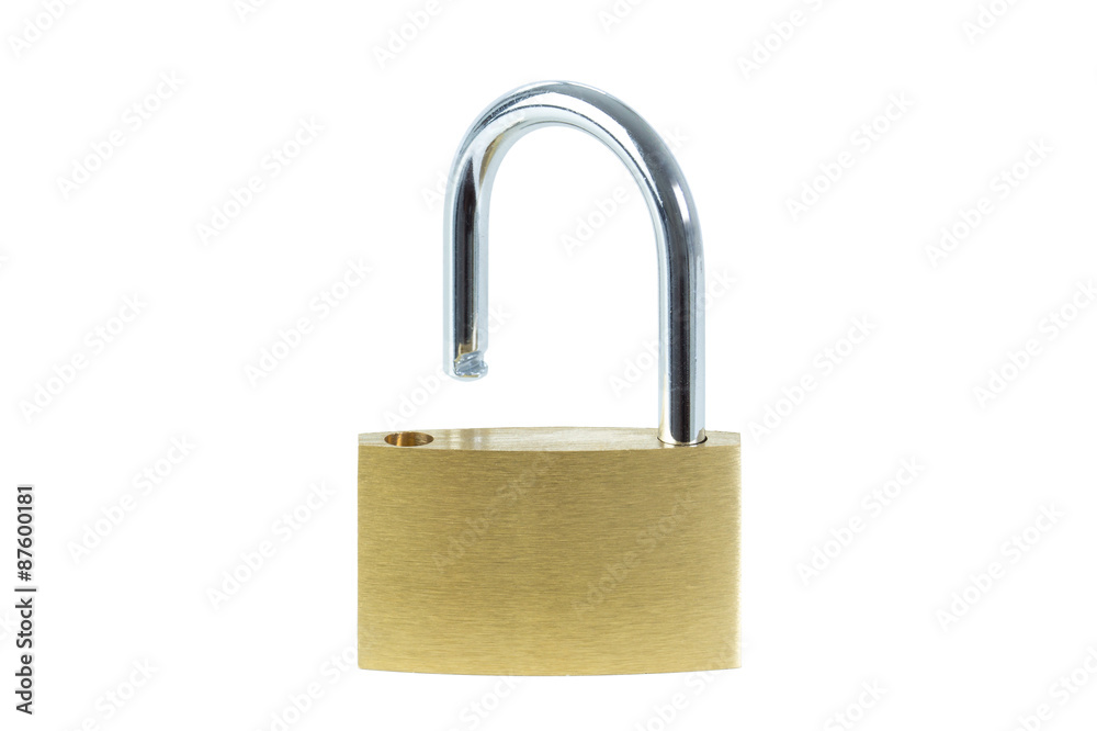 Close-up of an unlocked padlock, viewed from front, isolated on white background Close-up of an unlocked padlock, viewed from front, isolated on white background