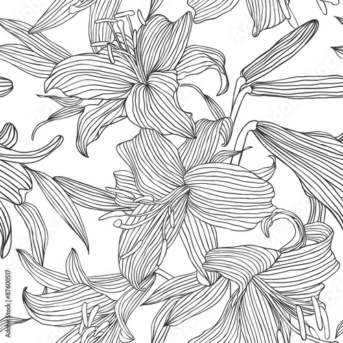 Fototapeta Naklejka Na Ścianę i Meble -  Seamless vector pattern - flowers lily. Black lines on white