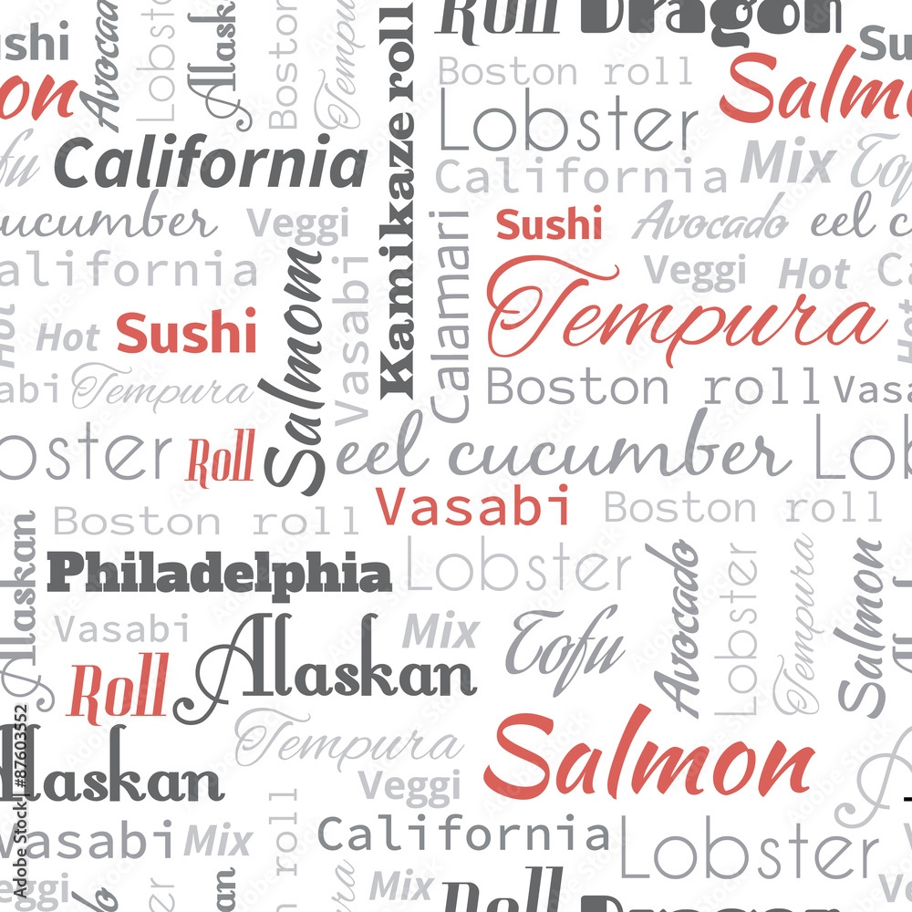 Sushi and roll words, tags. Seamless pattern