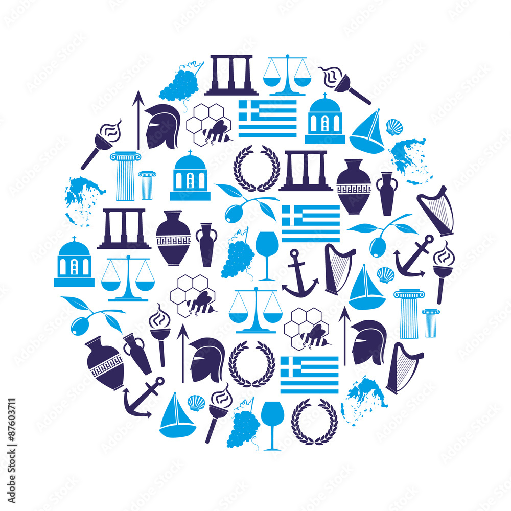 Obraz premium greece country theme symbols and icons in circle eps10