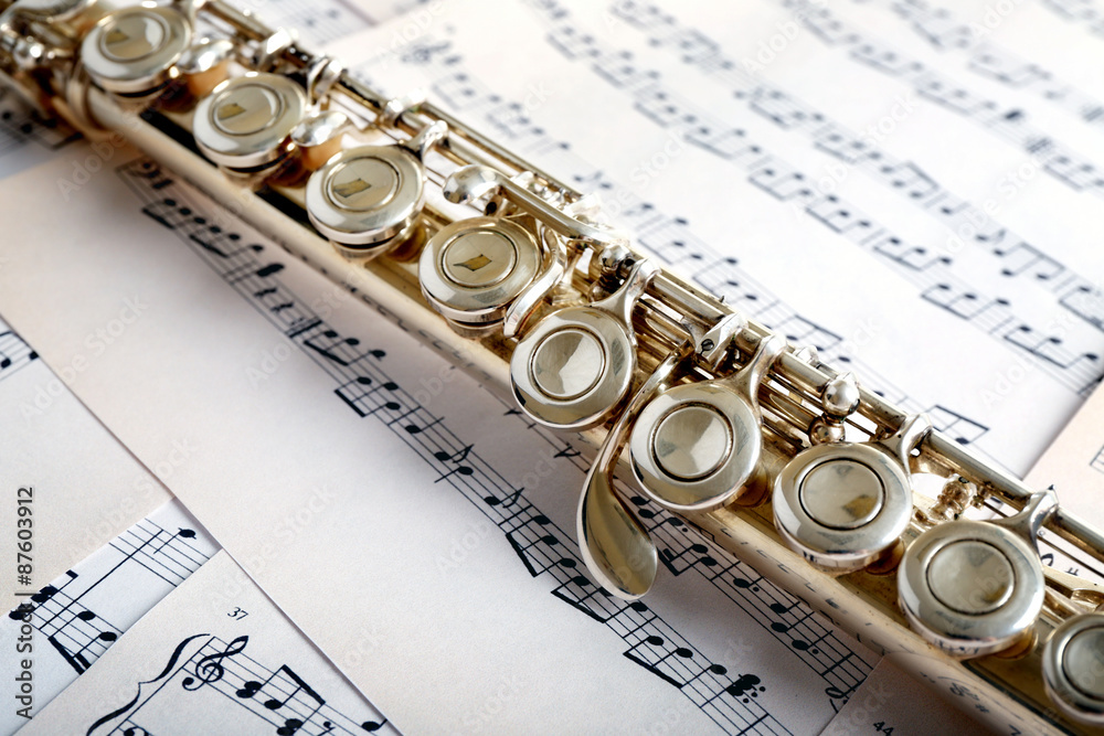 Obraz premium Flute on music notes background