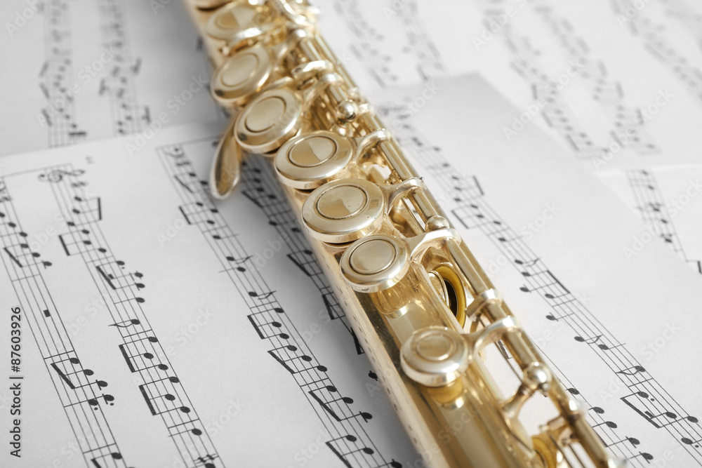 Obraz premium Flute on music notes background