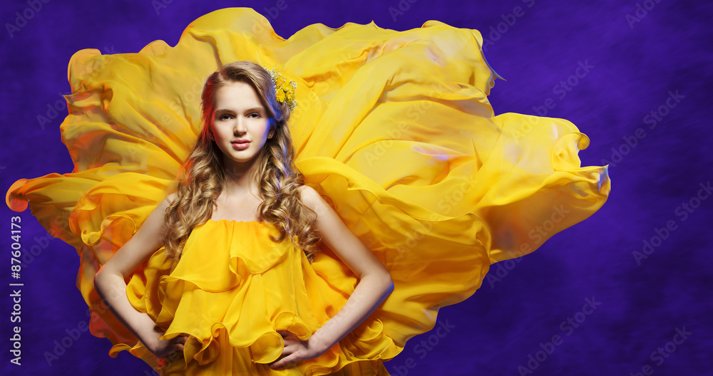 Fashion Model Girl Yellow Dress, Young Woman Posing Flowing Cloth