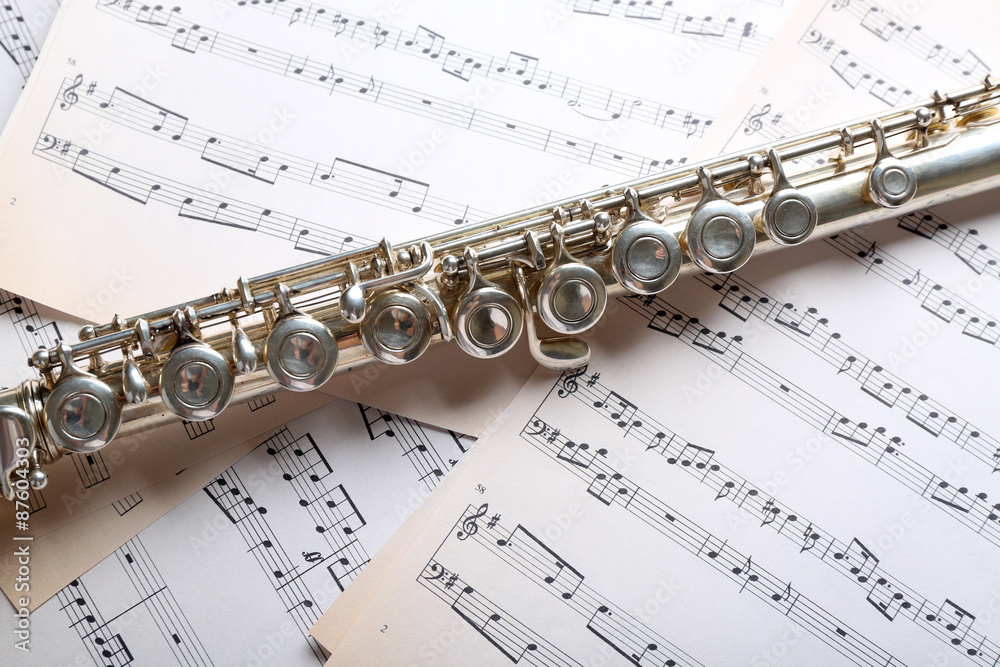 Obraz premium Silver flute on music notes background