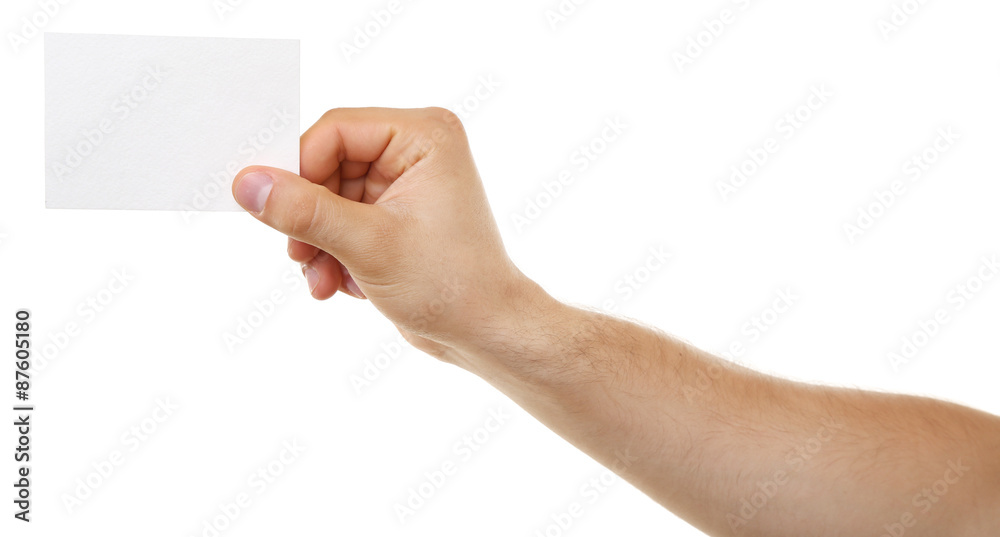 Male hand holding paper card isolated on white Male hand holding paper card isolated on white