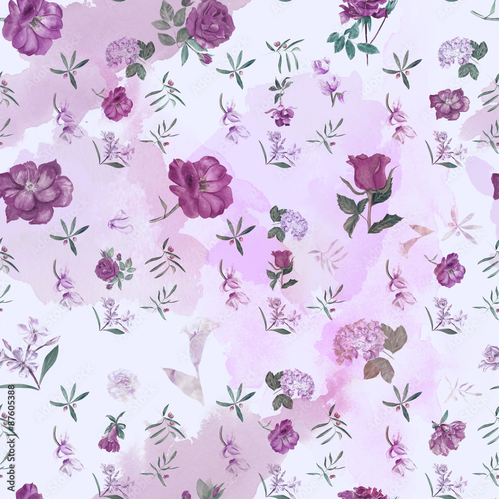 Vintage style watercolour flowers seamless background pattern
