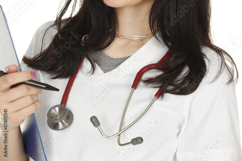 Nurse or doctor torso with stethoscope, pen and clipboard.