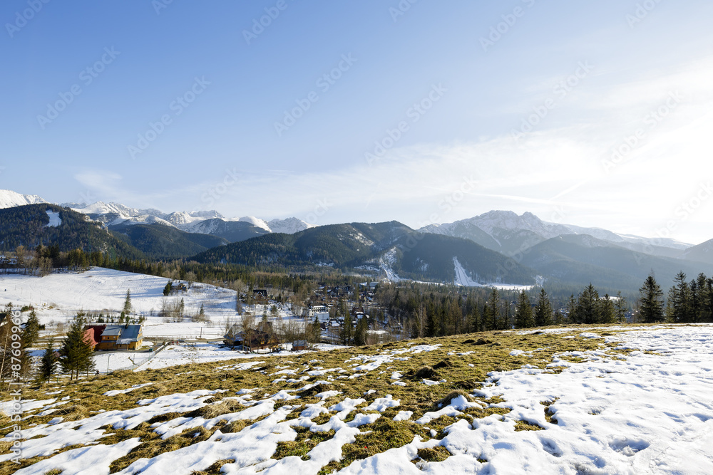 Tatra mountains seen far from city of Zakopane