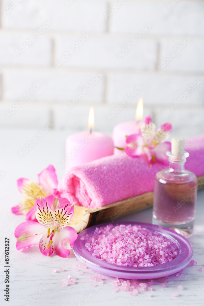 Beautiful composition of spa treatment on white wooden table Beautiful composition of spa treatment on white wooden table