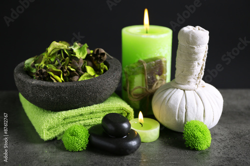 Beautiful composition of spa treatment on dark background