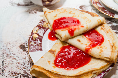 Pancakes with fresh strawberry jam for Breakfast