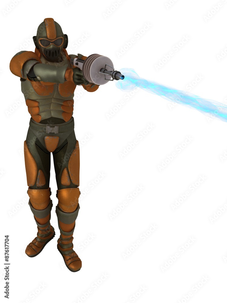 Retro scifi storm trooper firing raygun