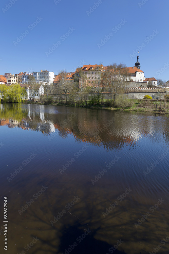 Fototapeta premium Colorful medieval Town Pisek above the river Otava, Czech Republic