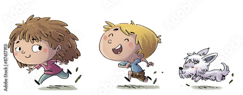 Fotografía niños corriendo con perro