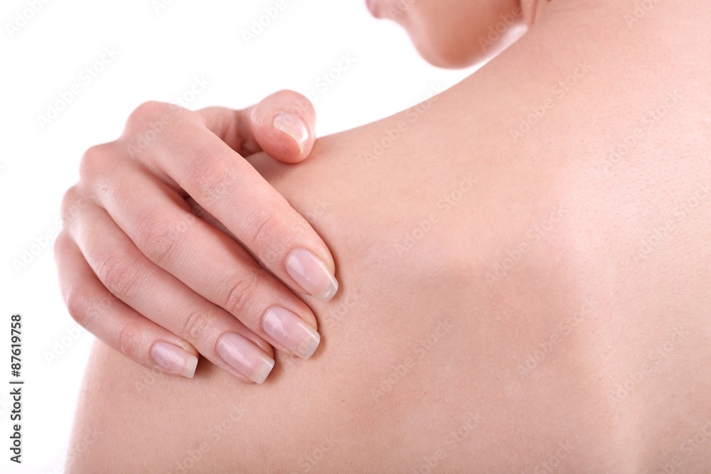 Young girl with back pain close up Young girl with back pain close up
