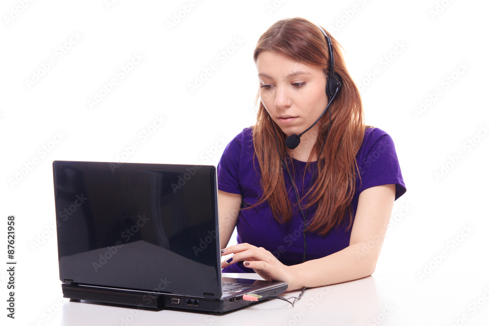 Pretty girl works at the computer Pretty girl works at the computer