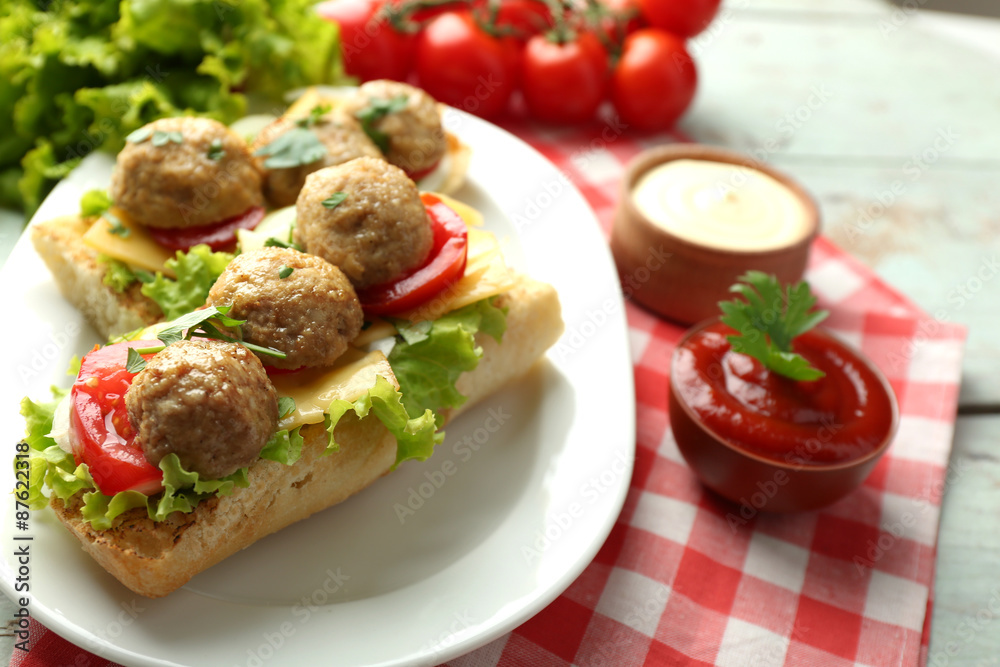 Meatball Sandwiches on wooden table background Meatball Sandwiches on wooden table background