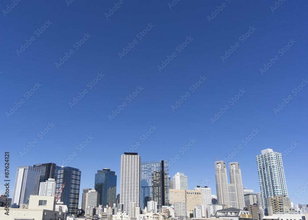 東京都庁と新宿高層ビル群　快晴青空　コピースペース　再開発中の西新宿5丁目より望む　新しいビルが竣工しています　2015年7月撮影