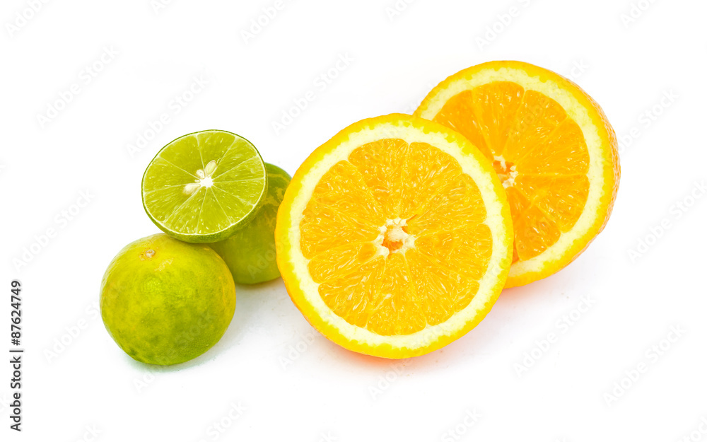 Slice of fresh orange and Slice of fresh lime on white backgroun Slice of fresh orange and Slice of fresh lime on white backgroun
