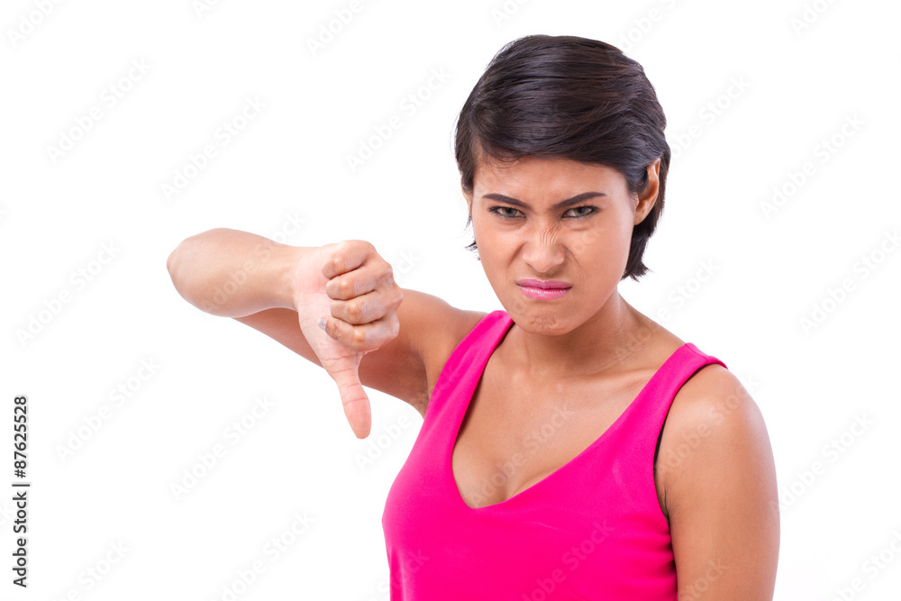 angry woman giving thumb down gesture angry woman giving thumb down gesture