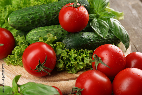 Fresh vegetables on wooden table, closeup