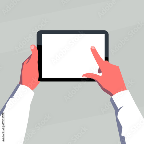 Male hands holding blank tablet horizontally. Finger on the screen.
Retro style illustration.