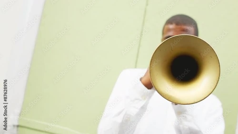 Black man plays a trumpet in the street
Black man plays a trumpet in the street