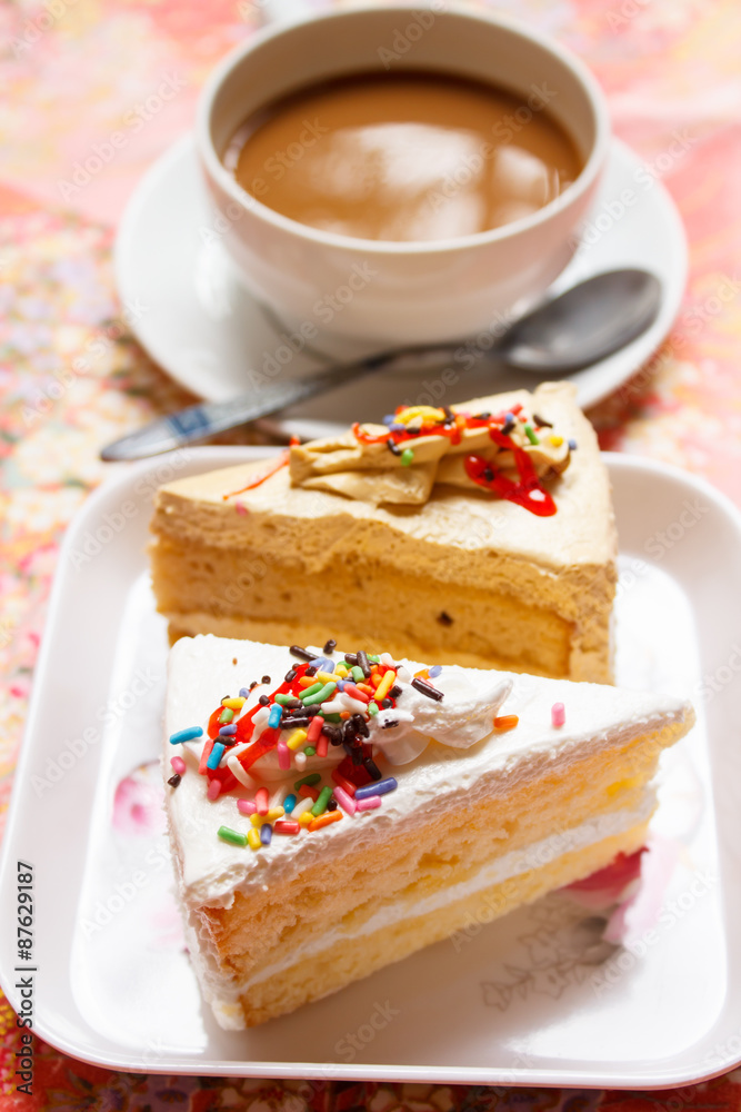 Hot coffee and cake for break. Hot coffee and cake for break.