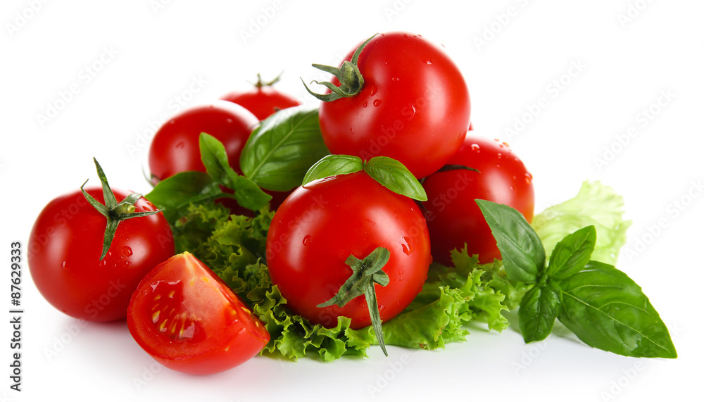 Cherry tomatoes with basil and lettuce close up Cherry tomatoes with basil and lettuce close up