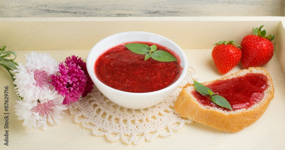 Canned strawberry confiture and jam sandwich Canned strawberry confiture and jam sandwich