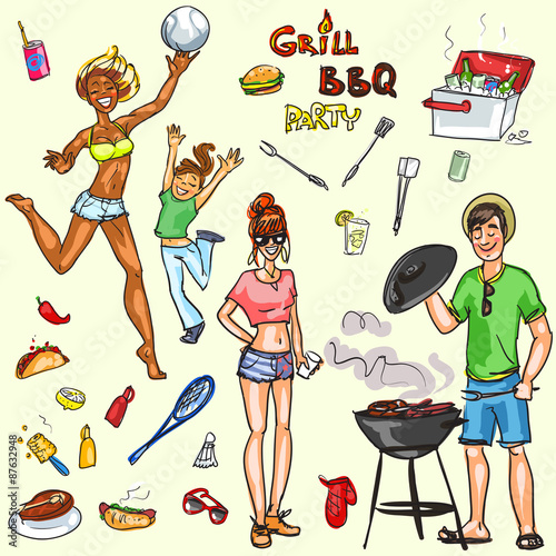 Happy people having BBQ party