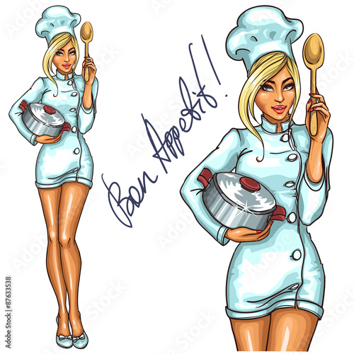 Pretty Chef with pot and spoon.