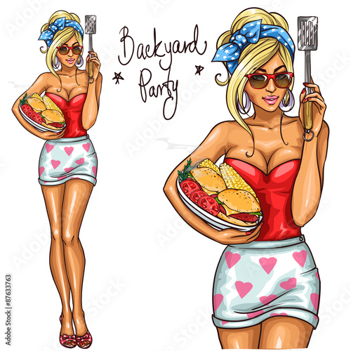 Pretty woman holding Hamburgers Plate, isolated