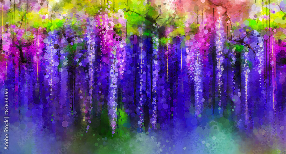 Naklejka premium Abstract violet, red and yellow color flowers. Watercolor painting. Spring purple flowers Wisteria tree in blossom with bokeh background
