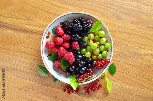 dish of fresh seasonal berries on wooden table,  top view