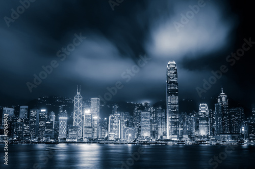 Photography panoramic cityscape and skyline of hongkong harbor at night