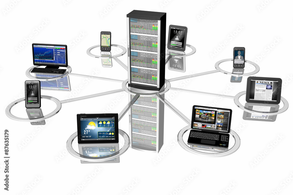 Illustrazione Stock Connessione_Smartphone Tablet Pc_001 Rappresentazione  simbolica di sistemi informatici, Pc, computer, tablet, smartphone  collegati fra loro e ad un server centrale. | Adobe Stock