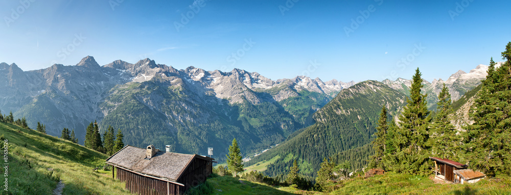 Rustic log cabins on an Alpine plateau