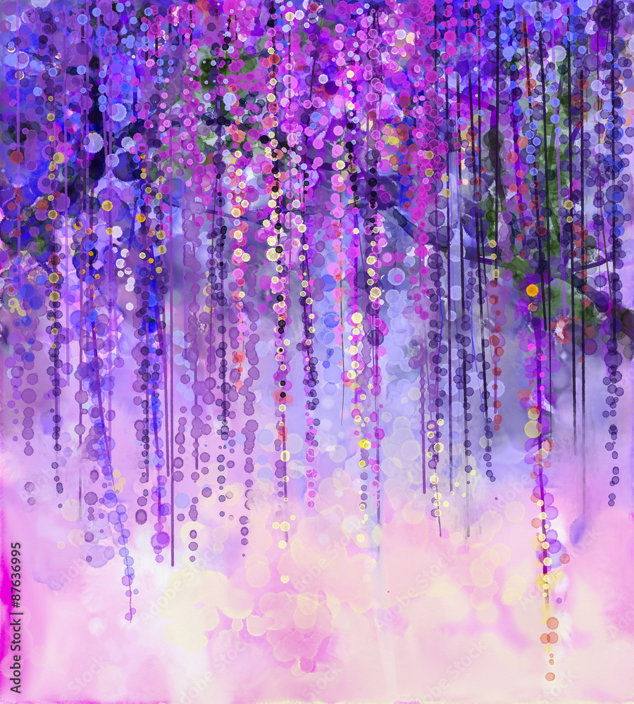 Abstract Violet color flowers. Watercolor painting. Spring purple flowers Wisteria in blossom with bokeh background - obrazy, fototapety, plakaty 