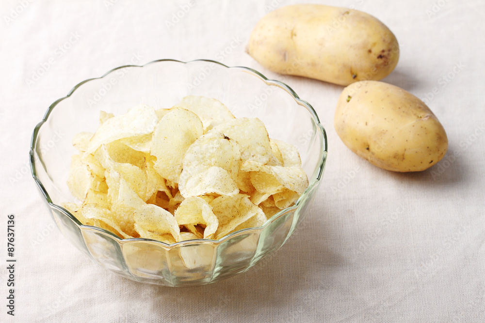 Delicious potato chips in bowl