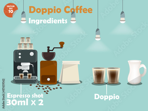 graphics design of doppio coffee recipes, info graphics of doppio coffee ingredients, illustration collection of coffee machine,coffee grinder, milk, espresso shot for making a great cup of coffee.