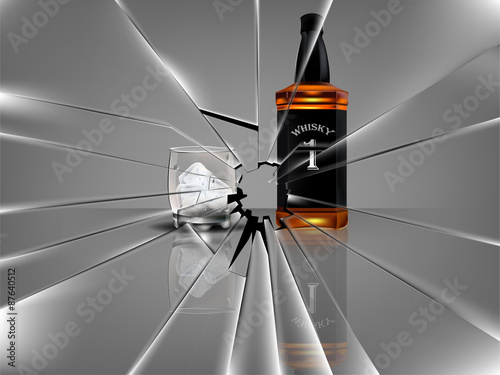 realistic beautiful whiskey bottle with beautiful glass of whiskey and ice,broken glass scene
