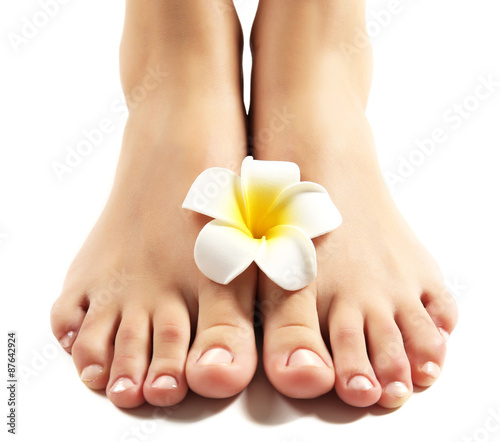 Female feet at spa pedicure procedure with plumeria isolated on white