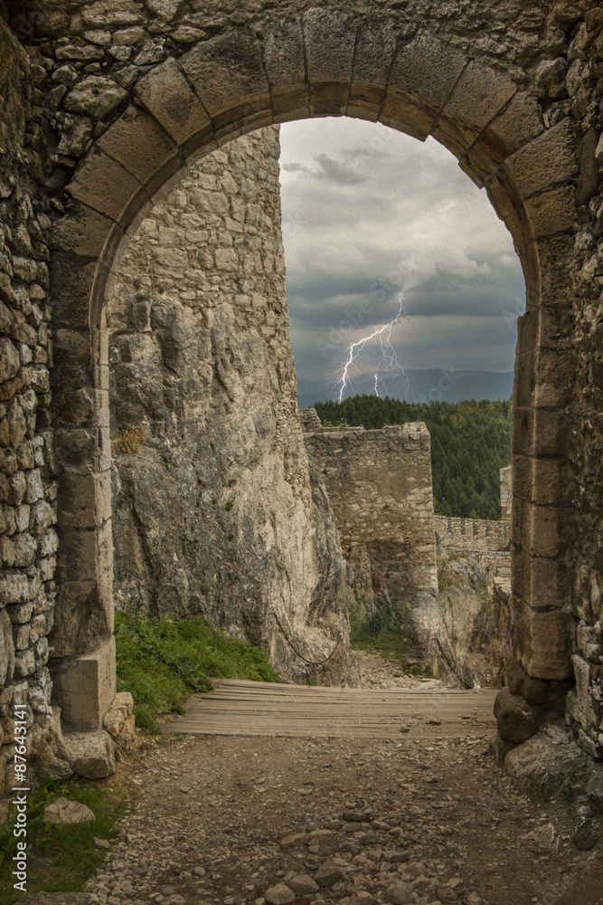Old castle and lightning in the landscape