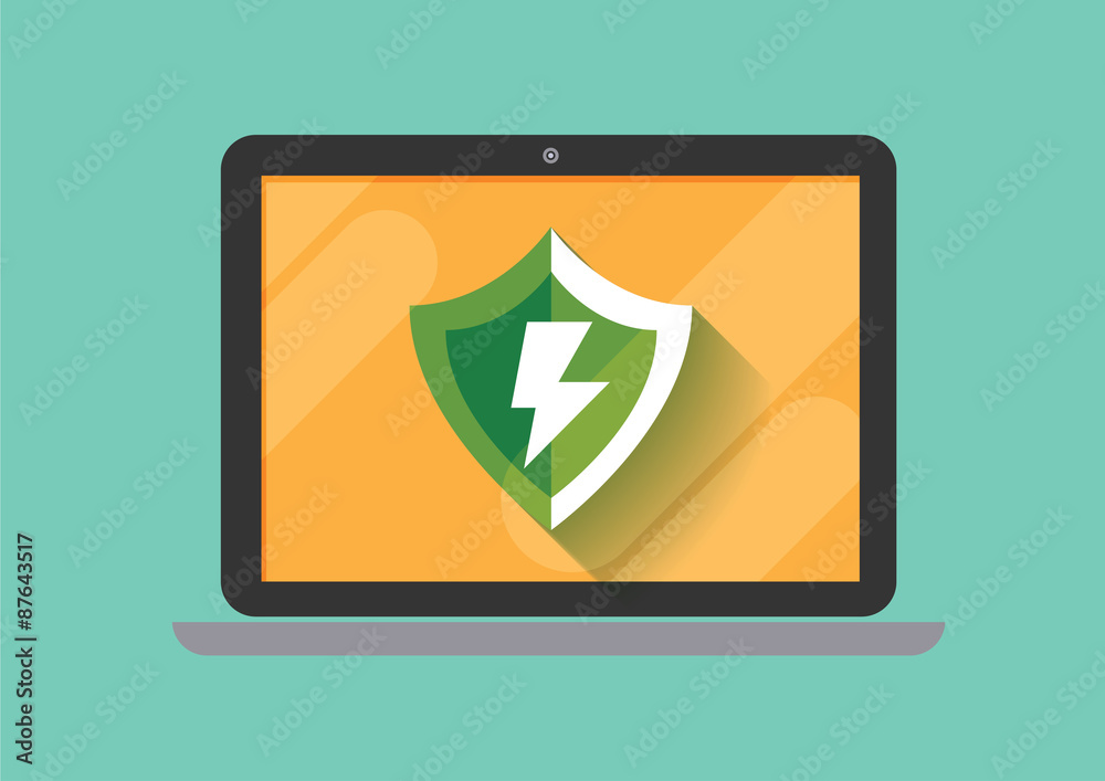 laptop and green shield protection on screen flat illustration icon vector laptop and green shield protection on screen flat illustration icon vector
